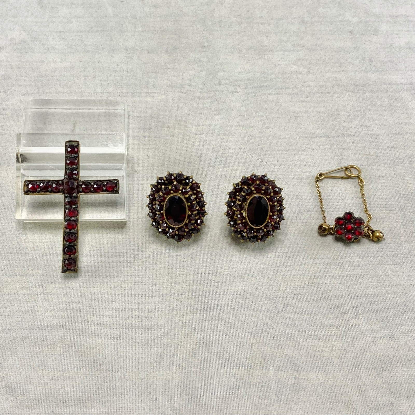 Vintage Bohemian Garnet Gold Tone Jewelry Lot Cross Pin Earrings Safety Chain