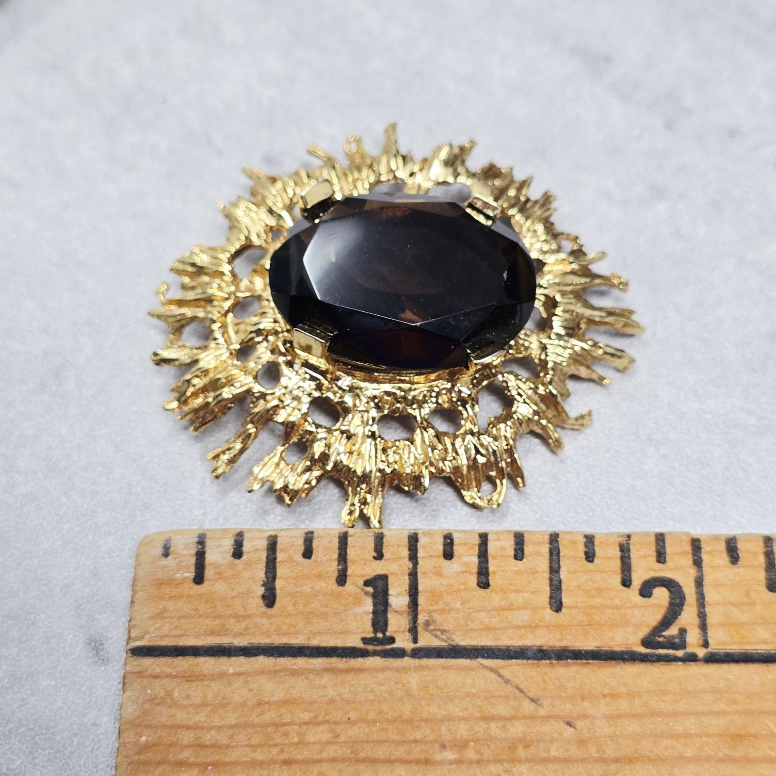 Vtg Mid Century Modern Smokey Quartz Colored Brooch Yellow Gold Plated Excellent