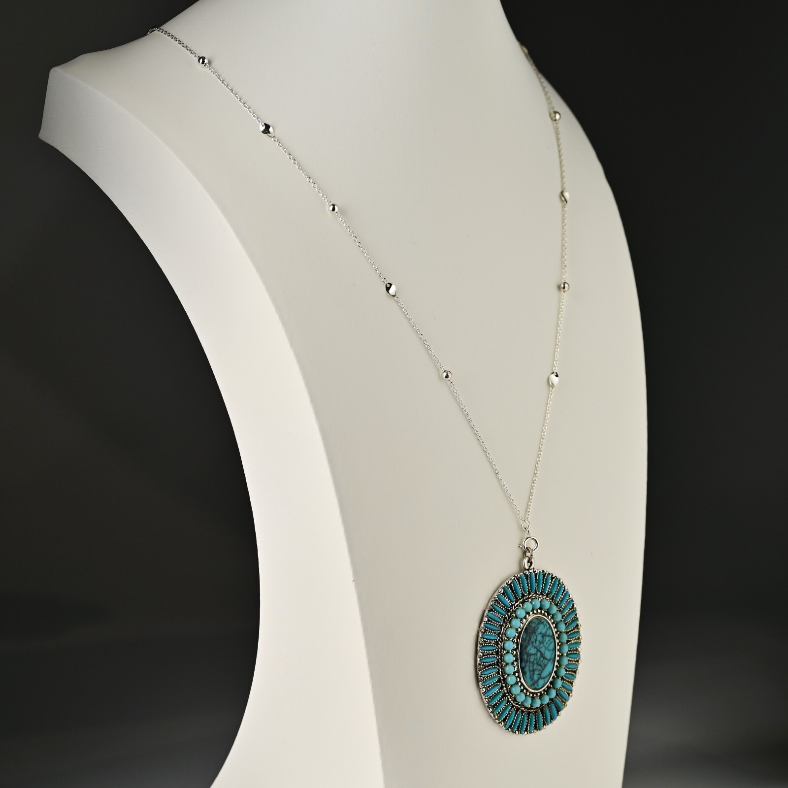 Original Vintage Native Silver Faux Turquoise Gemstone Pendant Estate Necklace