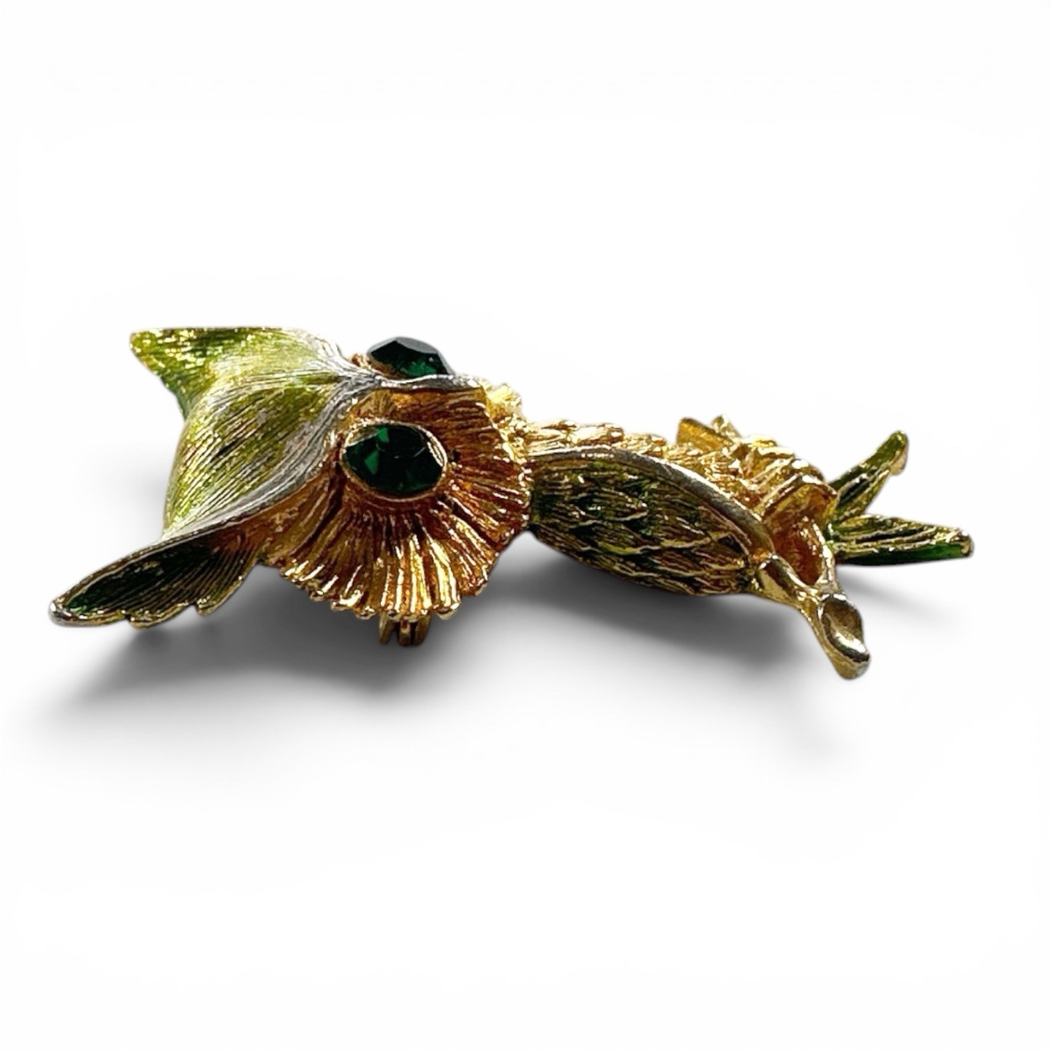 Vintage Owl Brooch Gold Tone Green Rhinestone Eyes Whimsical 3D 2″