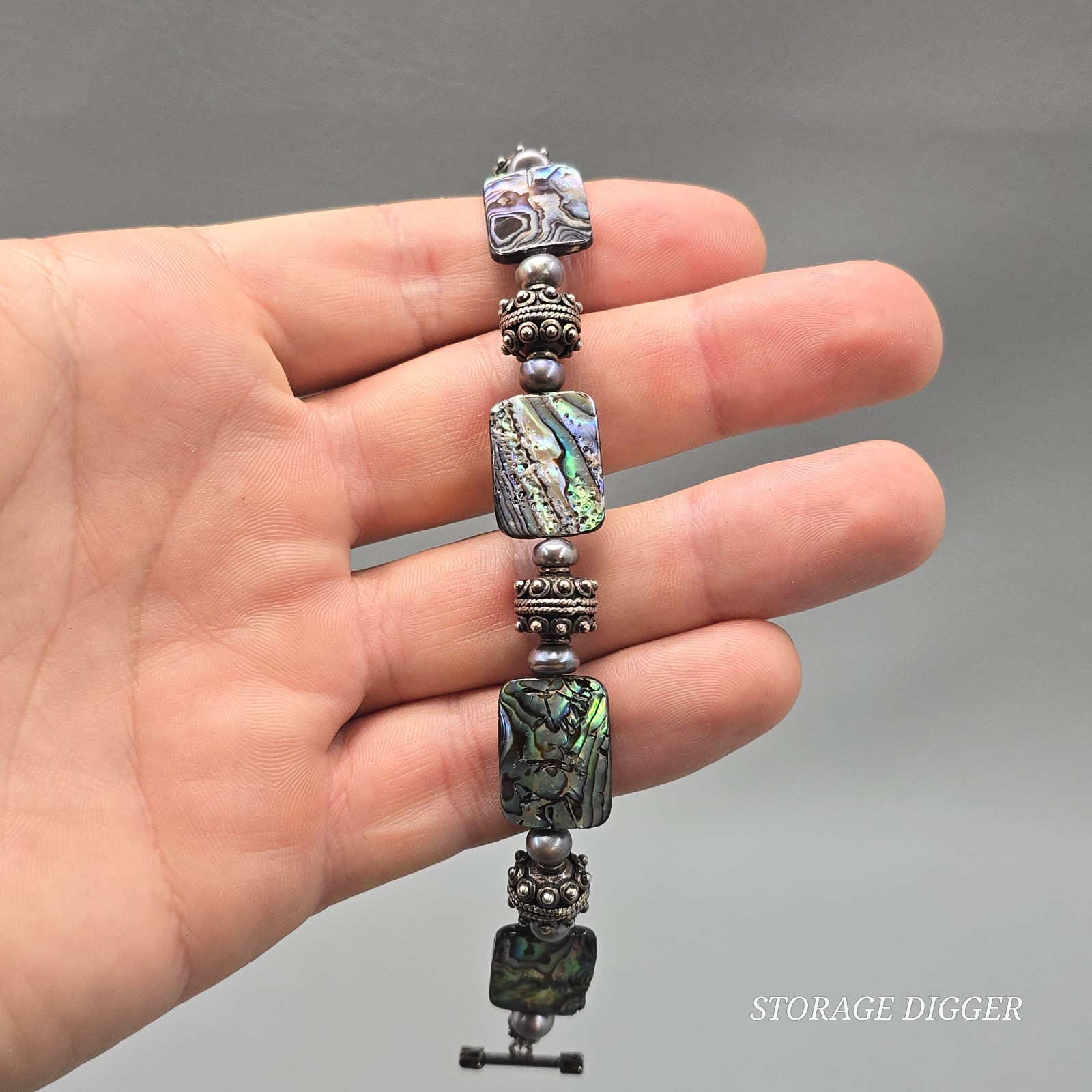 VTG Rectangle Abalones & Silver Tone Beaded Bracelet 8.75″ Long, Toggle Closure
