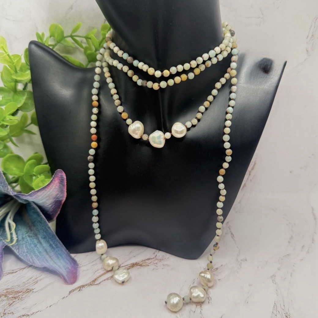 Amazonite Bead Natural Color Lariat Wrap Necklace Baroque Pearl Tassel Ends