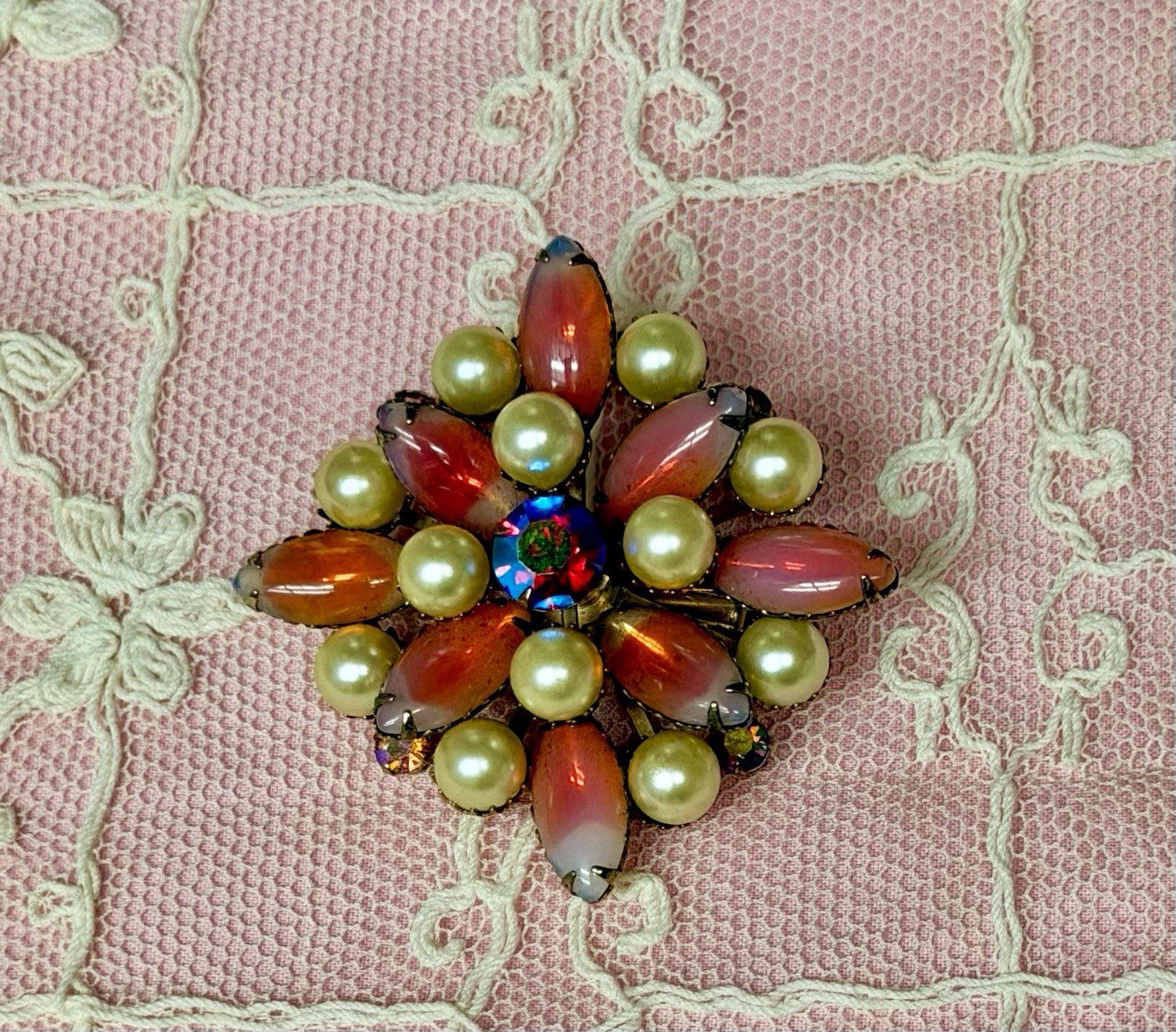 Vintage Opalescent Givre Art Glass AB Rhinestone Pin Brooch￼