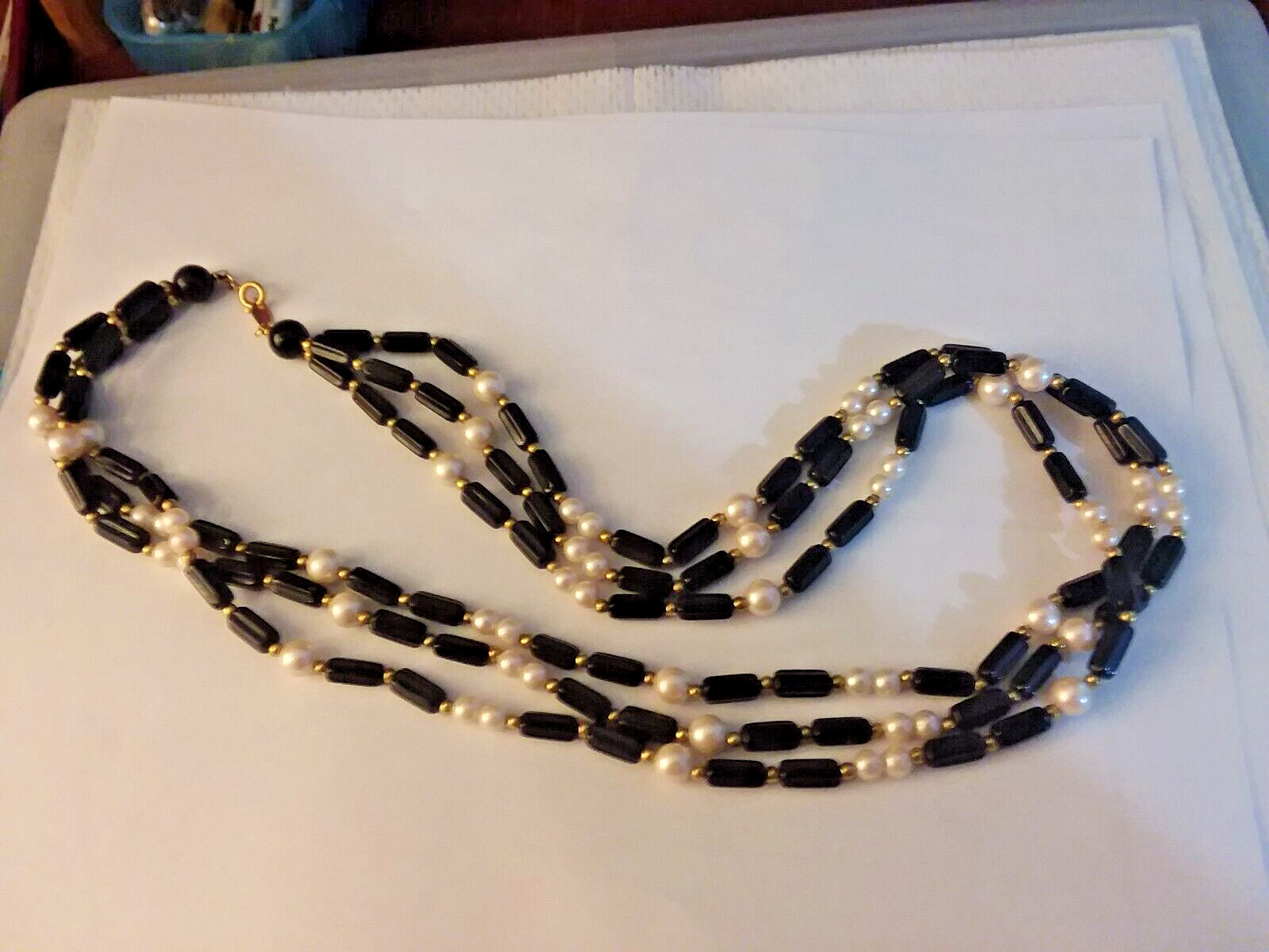 24″ Black and Faux Pearl “TM Trifari” Multiple Strand Necklace 05-01-2024