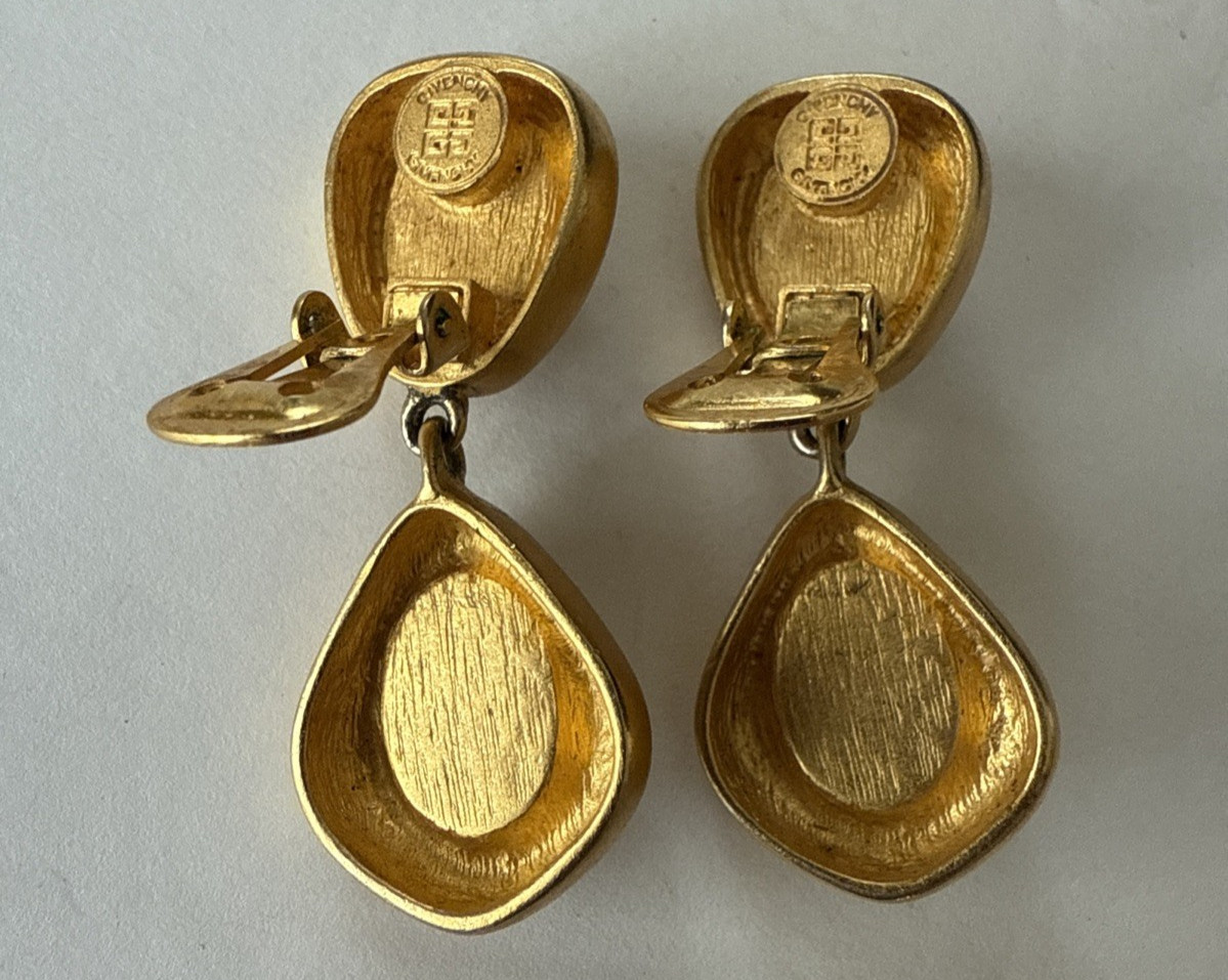 Vintage 80s GIVENCHY Classic Faux Pearl Gold Tone Dangle Clip On Earrings