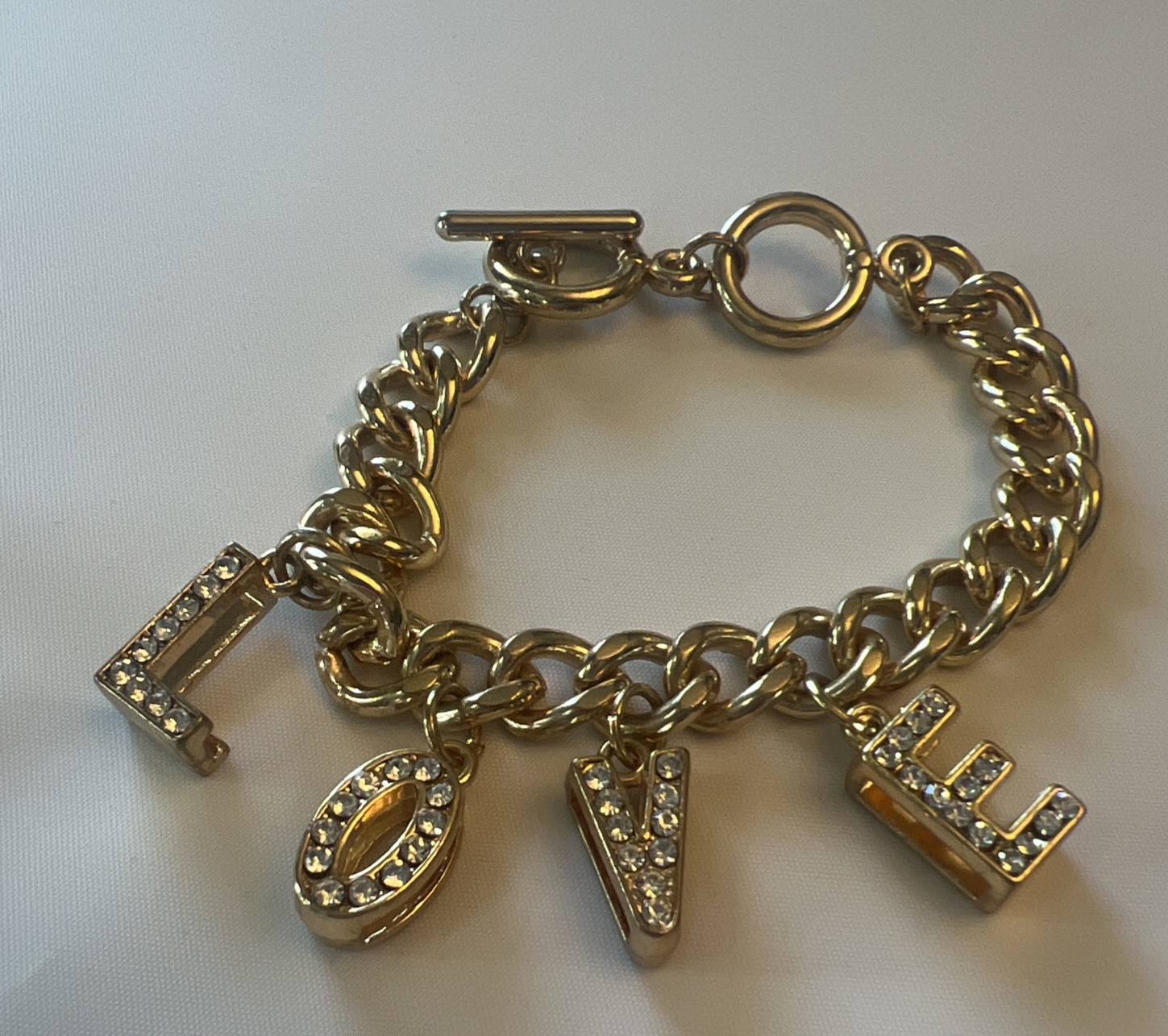 Vintage Gold Tone LOVE Charms Dangle Clear Rhinestone Bracelet
