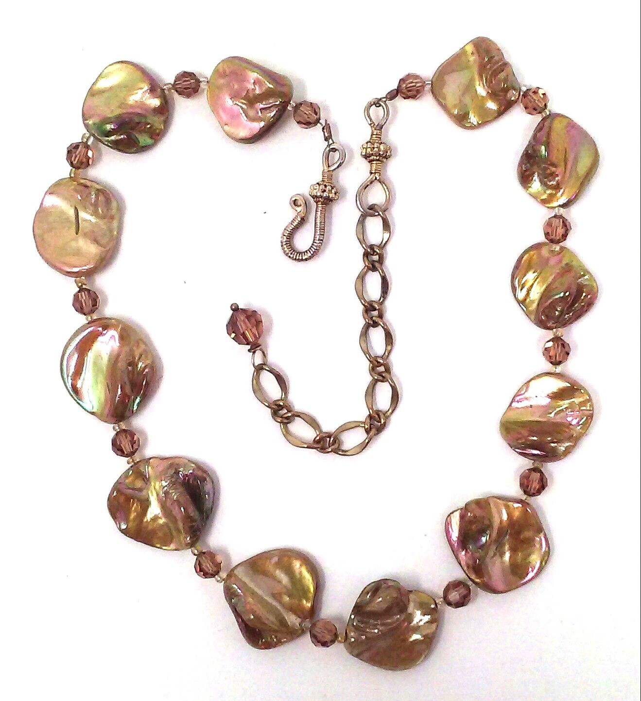 Vtg Golden Brown Dyed Mother of Pearl Boho Choker Necklace with Topaz Crystals