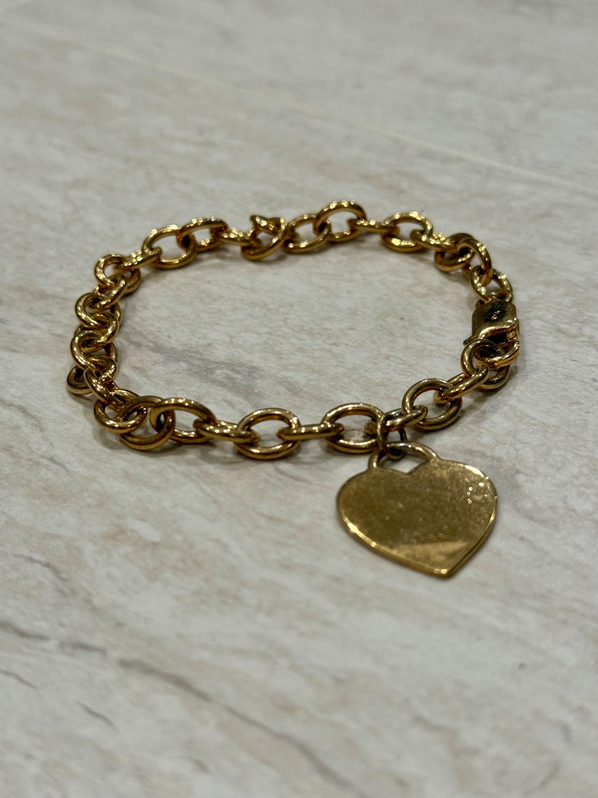 VTG Gold Tone Bracelet Chain Link Heart Charm 925 Silver Lobster Claw Estate