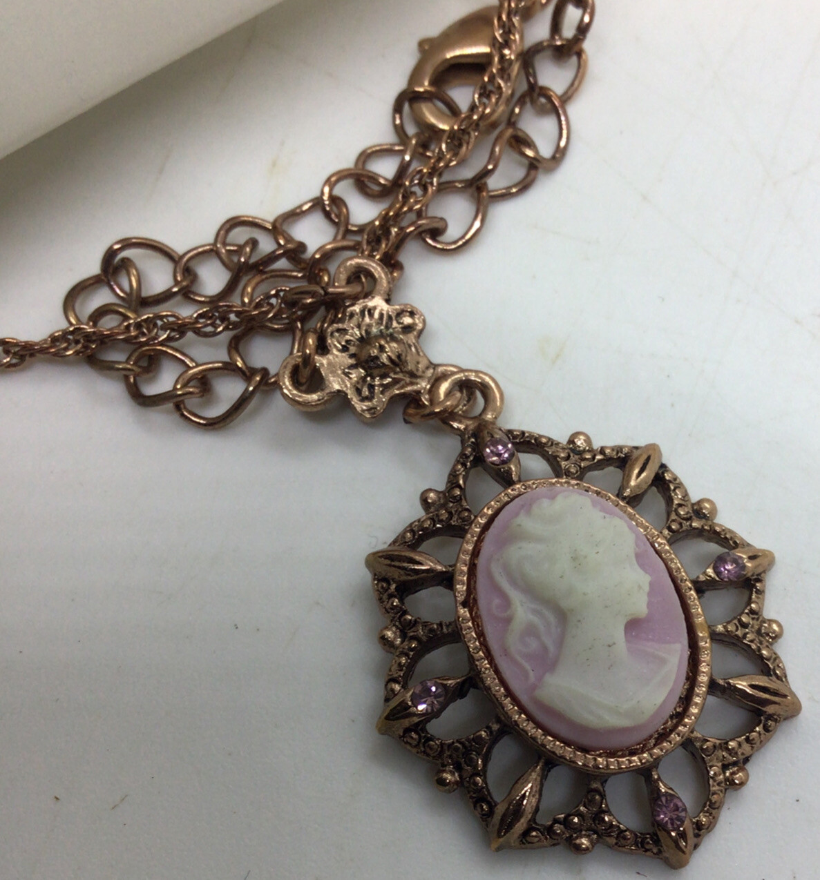 1928 Rose Gold Tone Dangle Cameo Necklace & Purple Stud Set New Unused