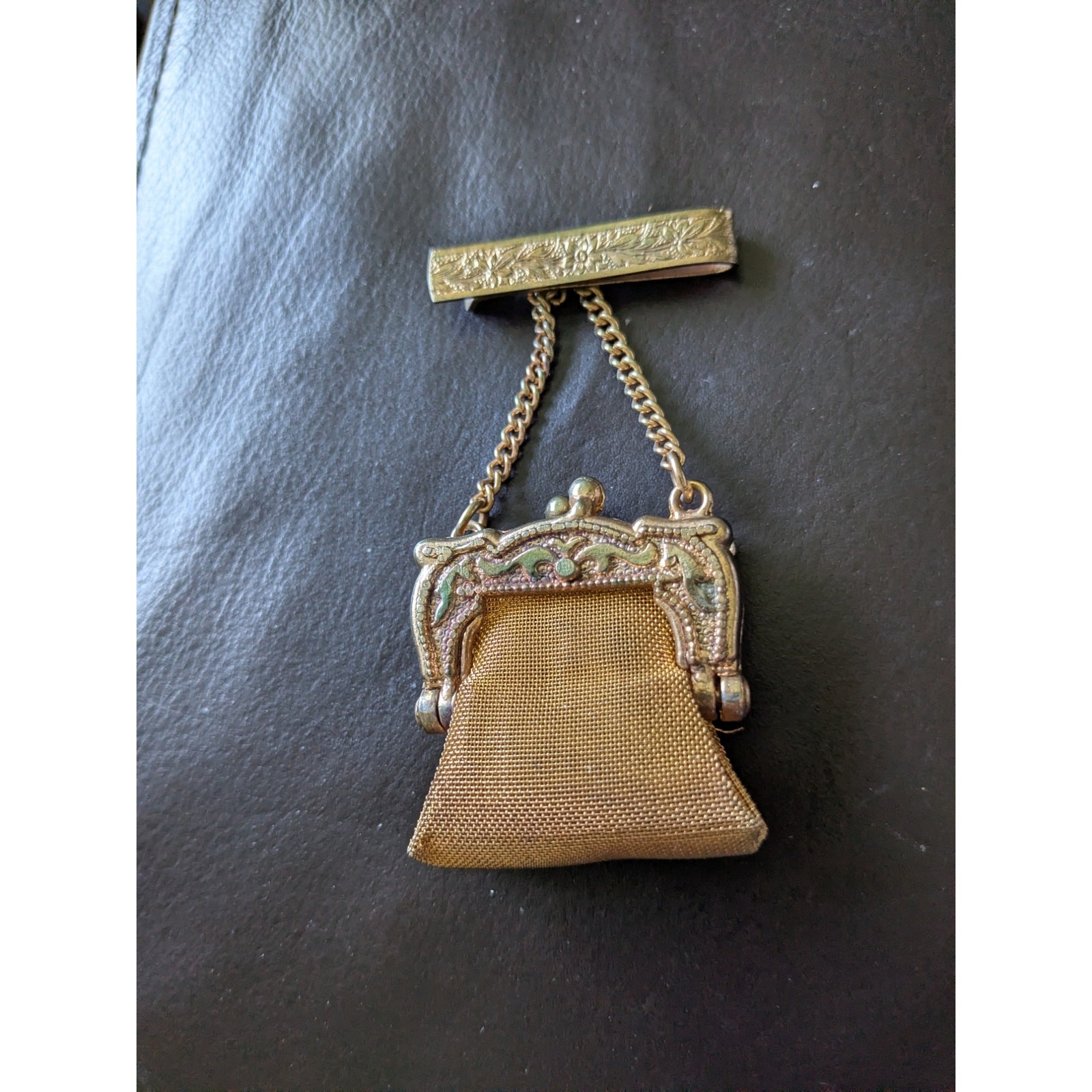 Vintage Miniature Gold-Tone 3″ Metal Mesh Chatelaine Purse Clip