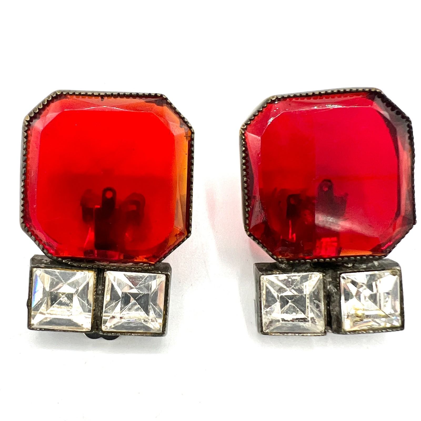 Vtg Art Deco Style Red Glass & Clear Crystal Clip-On Earrings Dramatic Geometric