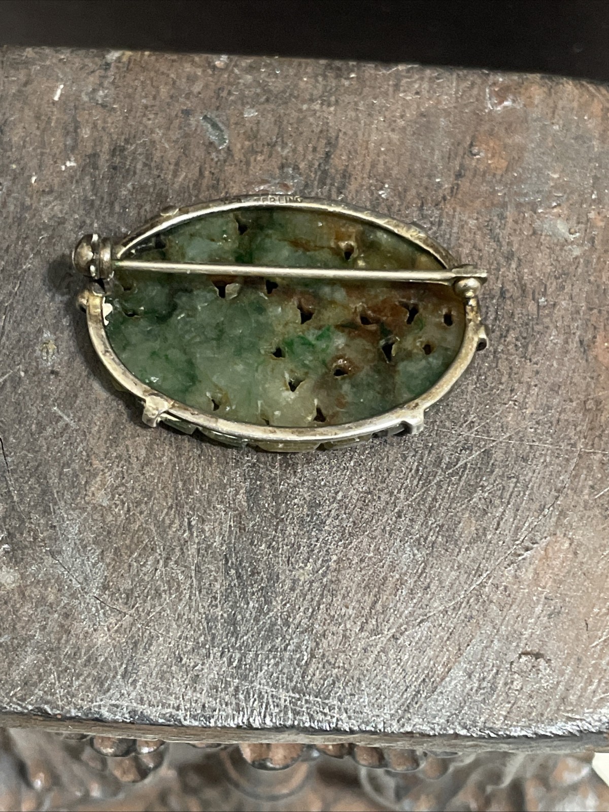 Vintage Floral Carved Green & Brown Jade Jadeite Sterling Silver Brooch Pin