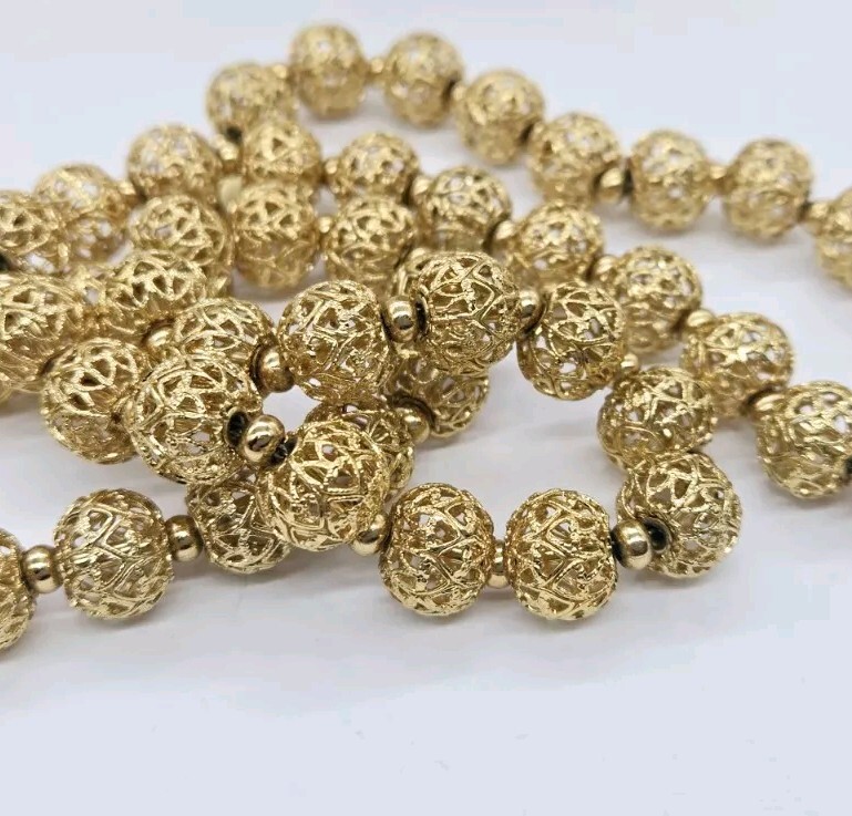 Vintage MONET Necklace Gold Tone Filigree Ball Art Deco Long 25 in