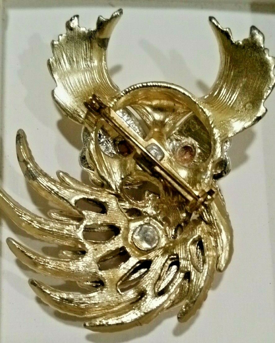 Vintage Great Horned Owl Brooch Pin Rhinestone Adorned Costume Estate Jewelry