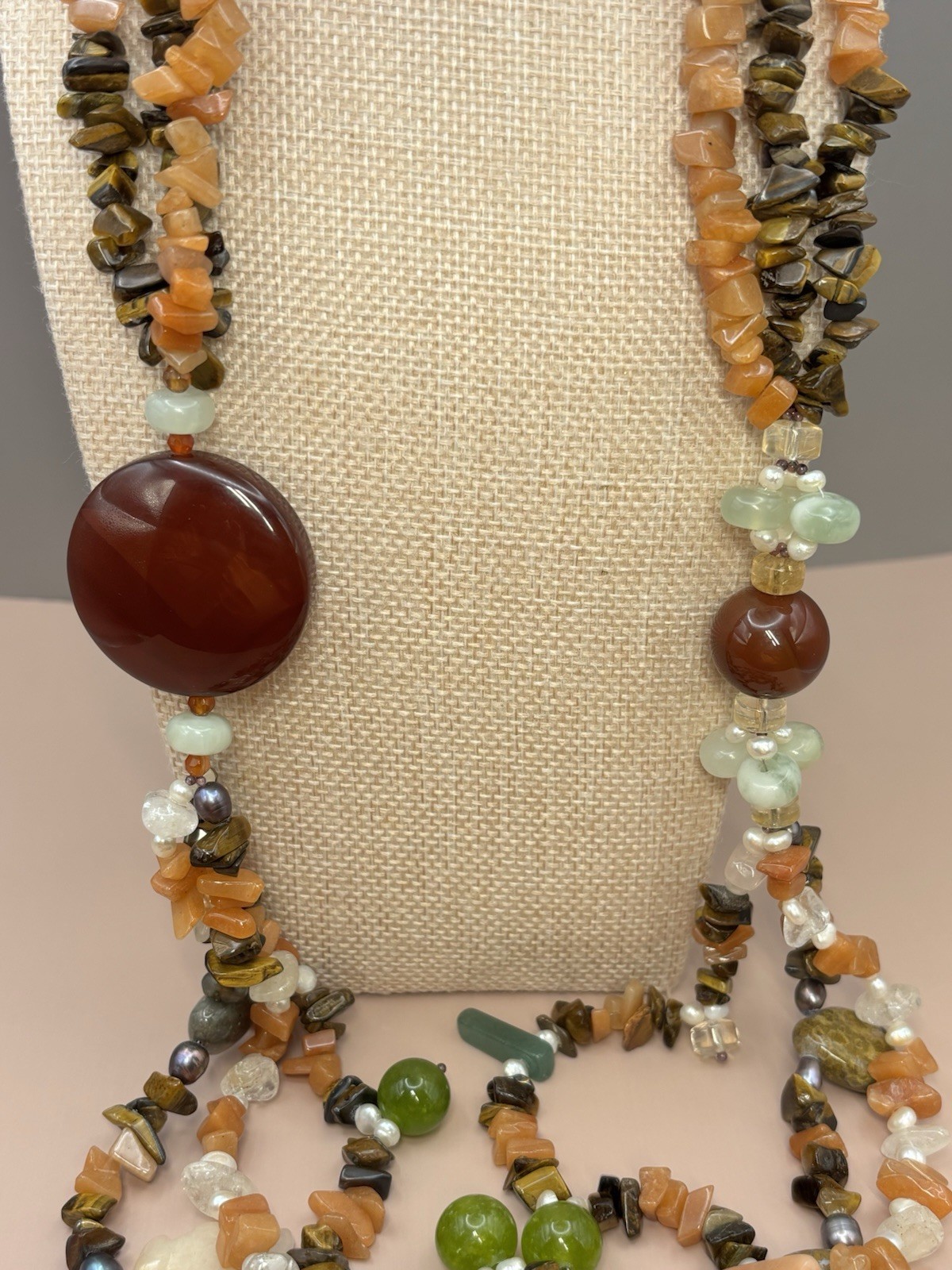 Vintage Natural Gemstone Multi Strand Boho Tigers Eye Carnelian Pearl 28”