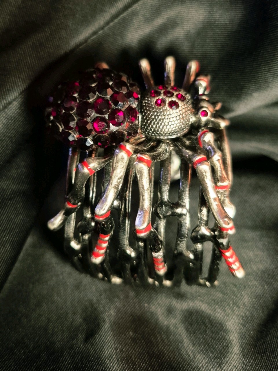 Vintage Spider Statement Ruby Red Rhinestones Silver Adjustable Cuff Bracelet