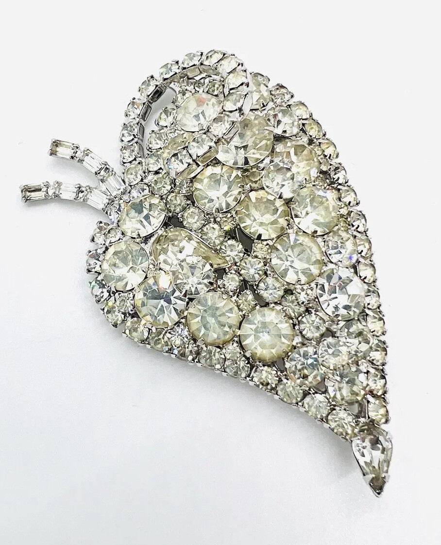 HUGE Sparkling Clear Rhinestone Stylized Fruit Brooch 3 1/4 Inch Vintage Jewelry