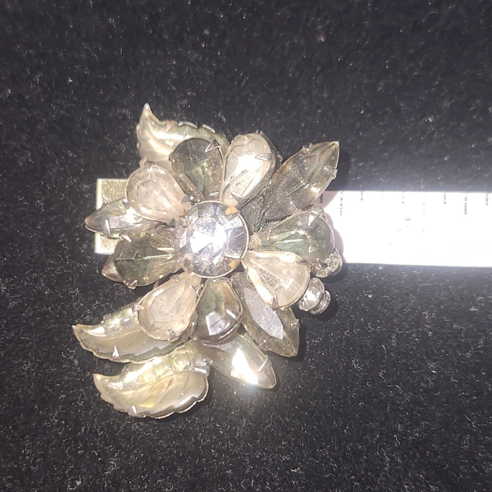 Vintage Rhinestone Flower Brooch Silver Tone Floral Pin smoky gray
