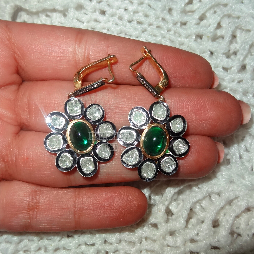 1.91ctw Rose Antique Cut Diamond Emerald Silver Vintage Gorgeous Earring Jewelry