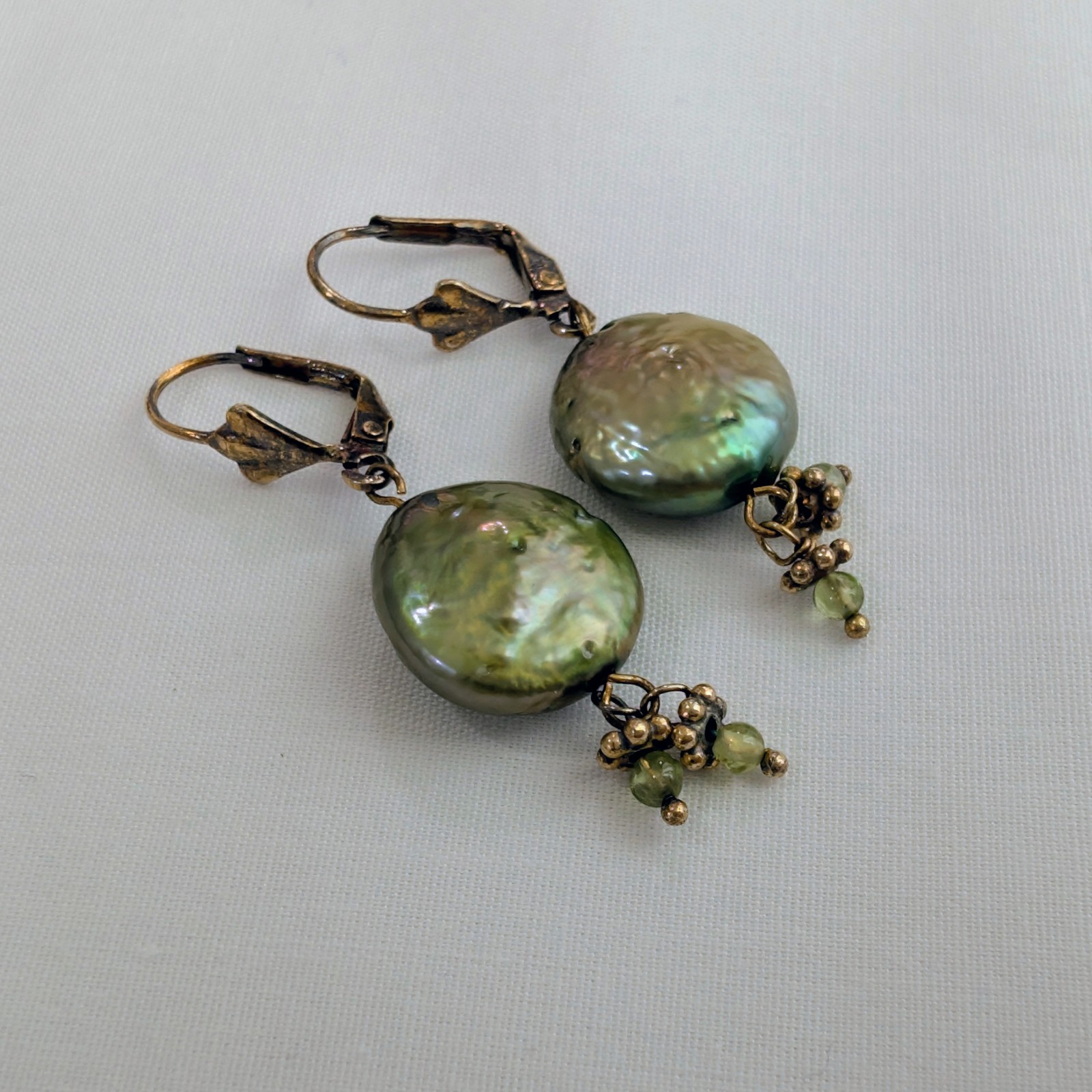 Vintage Mossy Green Button Freshwater Pearl Drop Earrings, Mark Unknown Untested