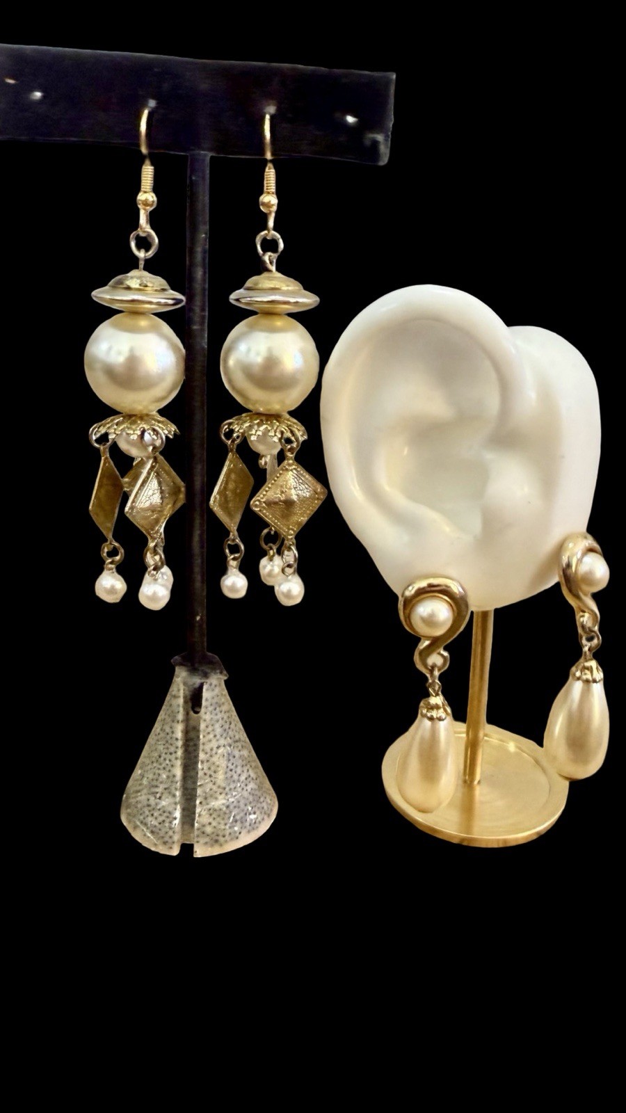 VTG Gold Tone Dangle Faux Pearls Earrings LOT 2 Pierced Lobe LIGHTWEIGHT READ 2″