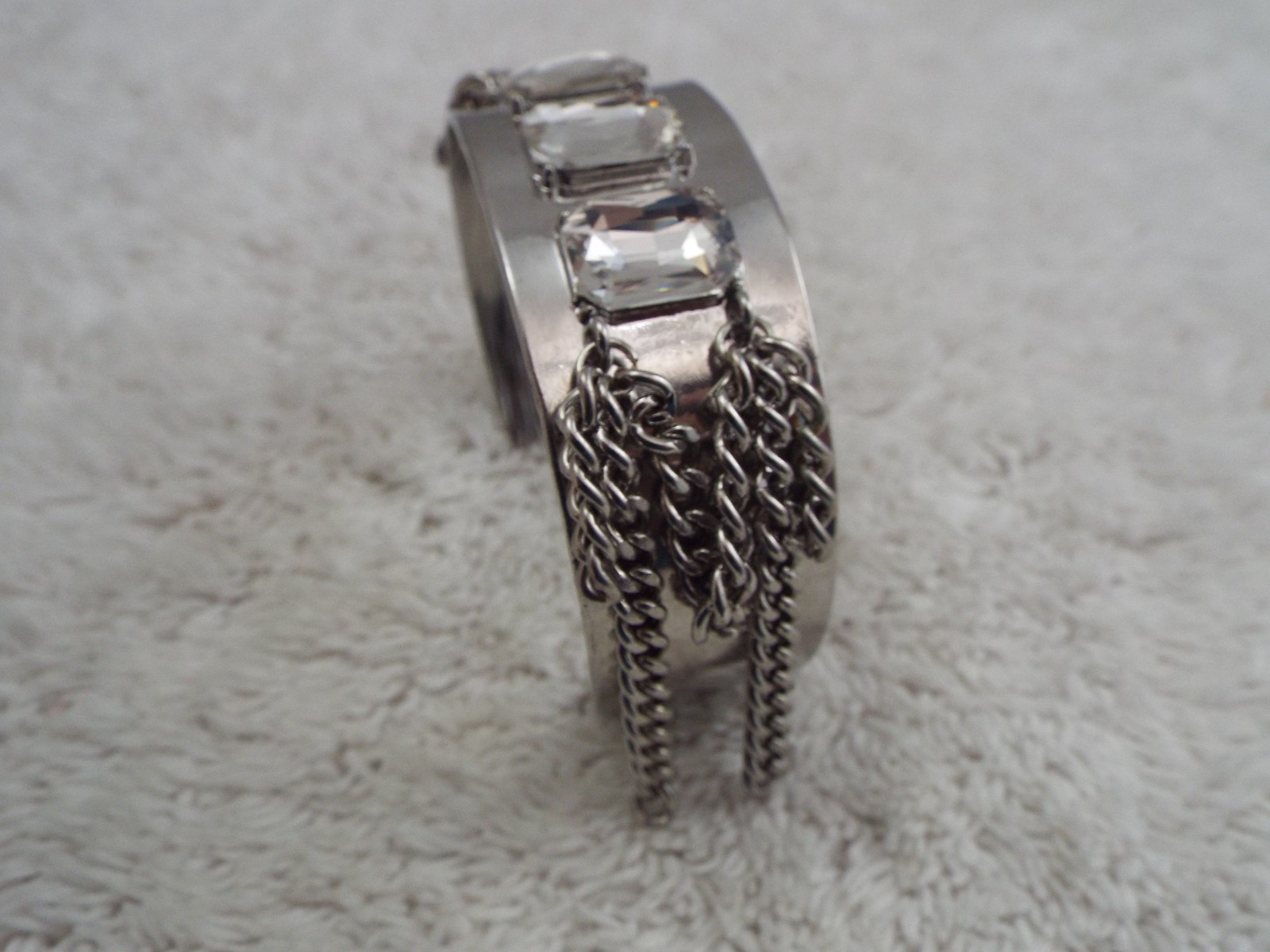 Silvertone Rhinestone Chain Cuff Bracelet (J47)
