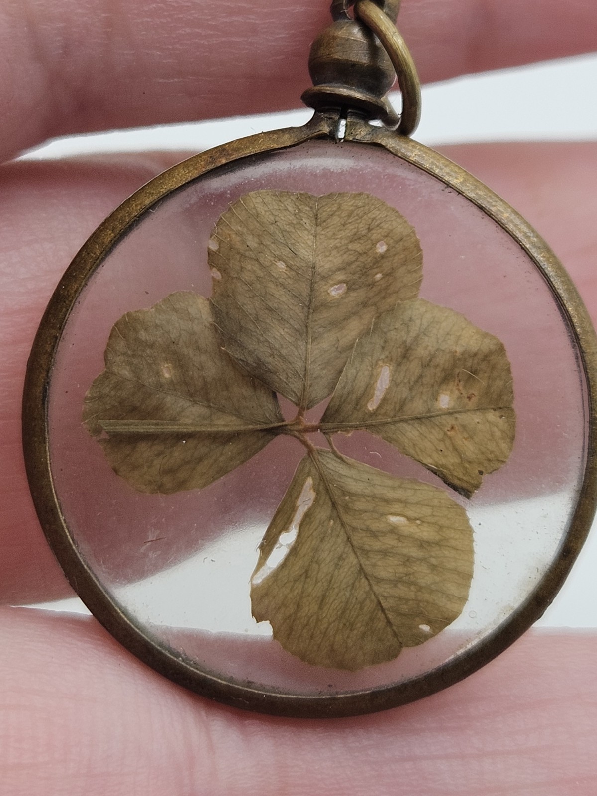 Vintage Antiqued Brass Tone Four Leaf Clover Shamrock Good Luck Charm Pendant