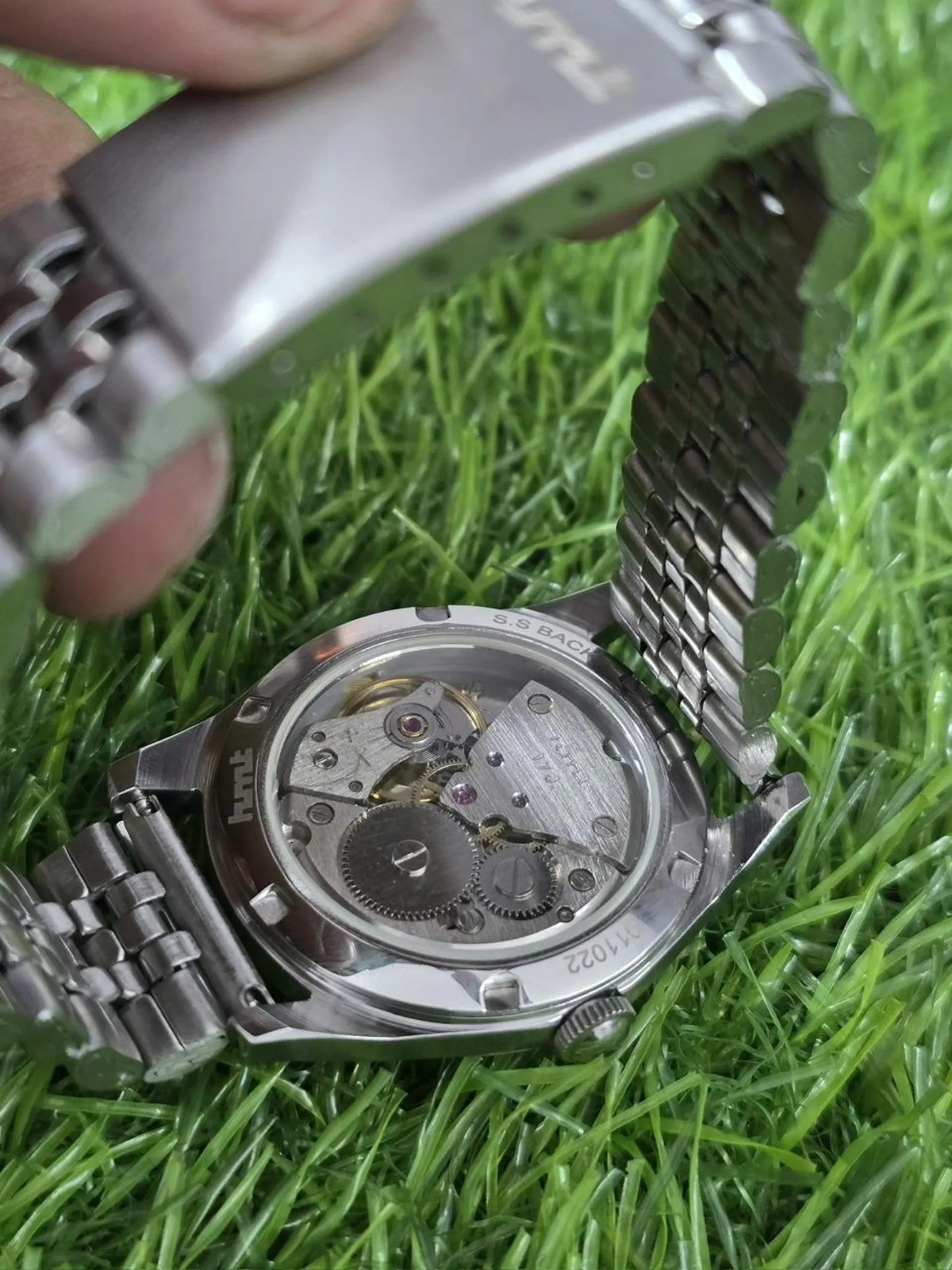 Vintage Hmt Janata Transparent Back Hand Winding Men Steel 17 Jewels Wrist Watch