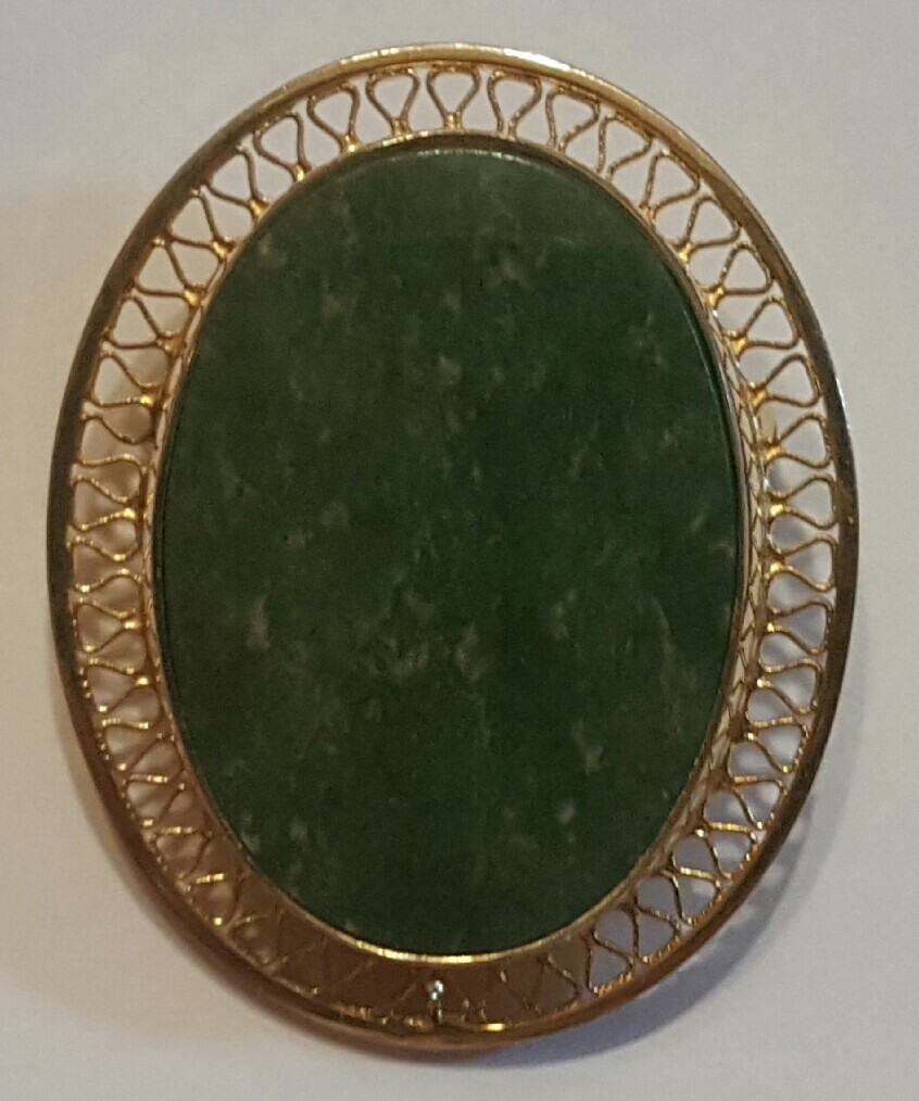 Vintage BURT CASSELL Oval Jade Pin Brooch w/ 12K Gold Filled Filigree Border