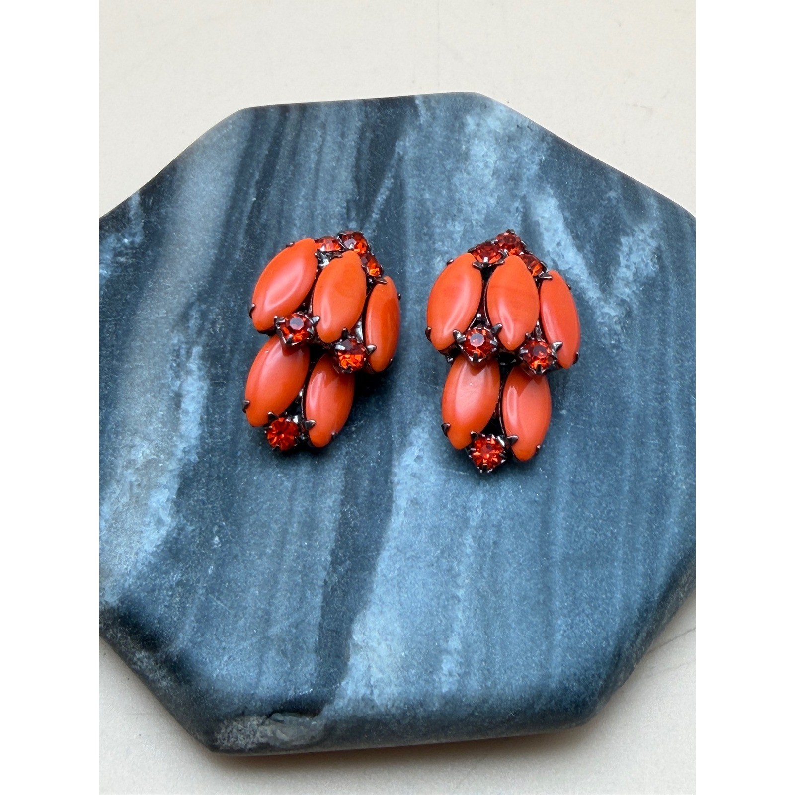 Vintage Orange Cabochon Red Rhinestone Cluster Clip On Earrings MCM Retro