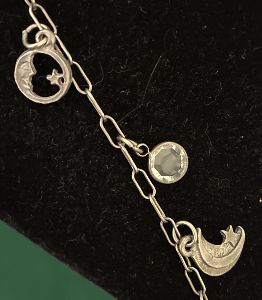 Vintage Silver 36” Celestial Necklace Sun Moon Stars Cupid Bevel Set Crystals