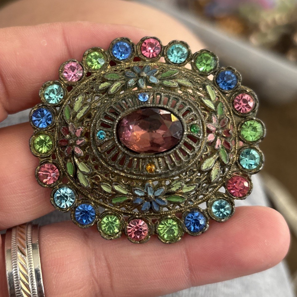 Vintage Little Nemo LN Multi Colored Rhinestones & Enamel Pot Metal Pin Brooch