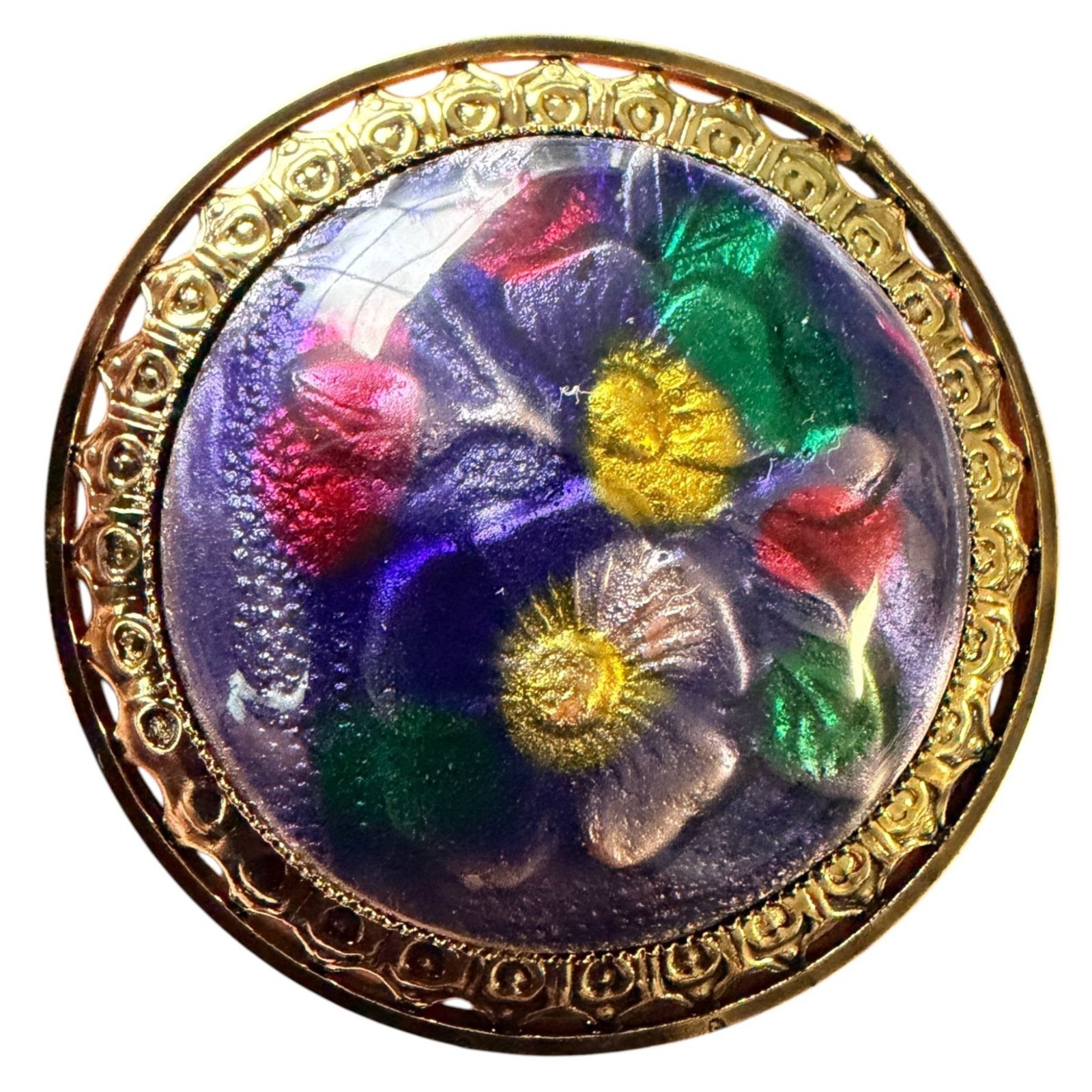 Vintage Reverse Carved Lucite Brooch Gold Tone Floral Pin 1950s New Old Stock