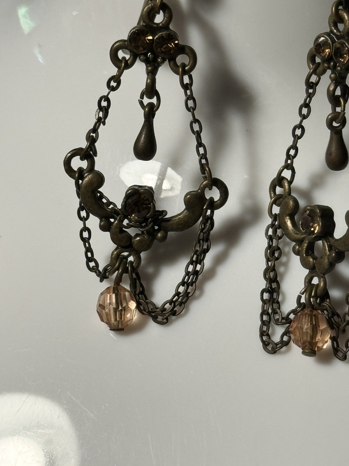 Antique Chandelier Peach Beads Earrings Alloy Metal Self Clasp Beautiful 2inch