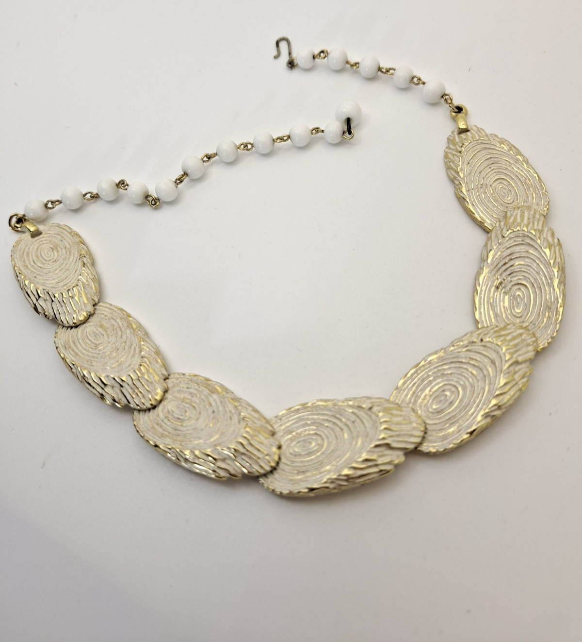 Vintage BSK Collar Link Necklace White Enamel Log Slices Trees Cabincore Nature
