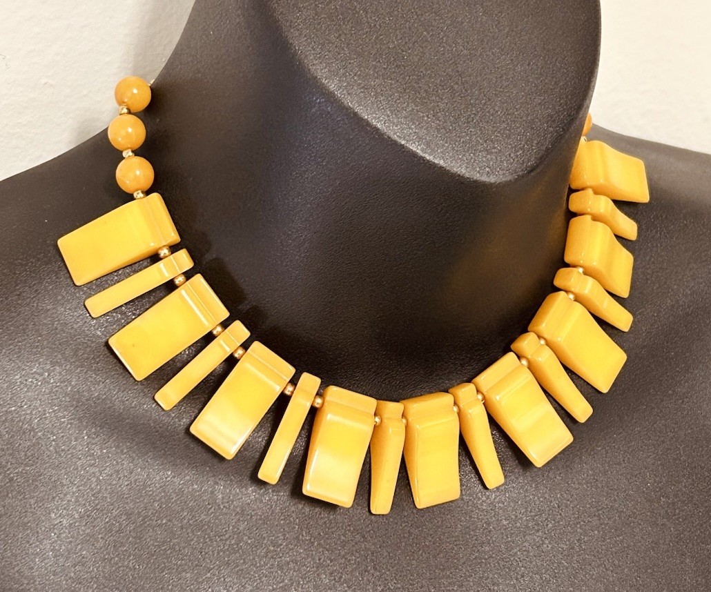 Vintage Butterscotch Yellow Bakelite Art Deco Geometric Panel Bib Necklace
