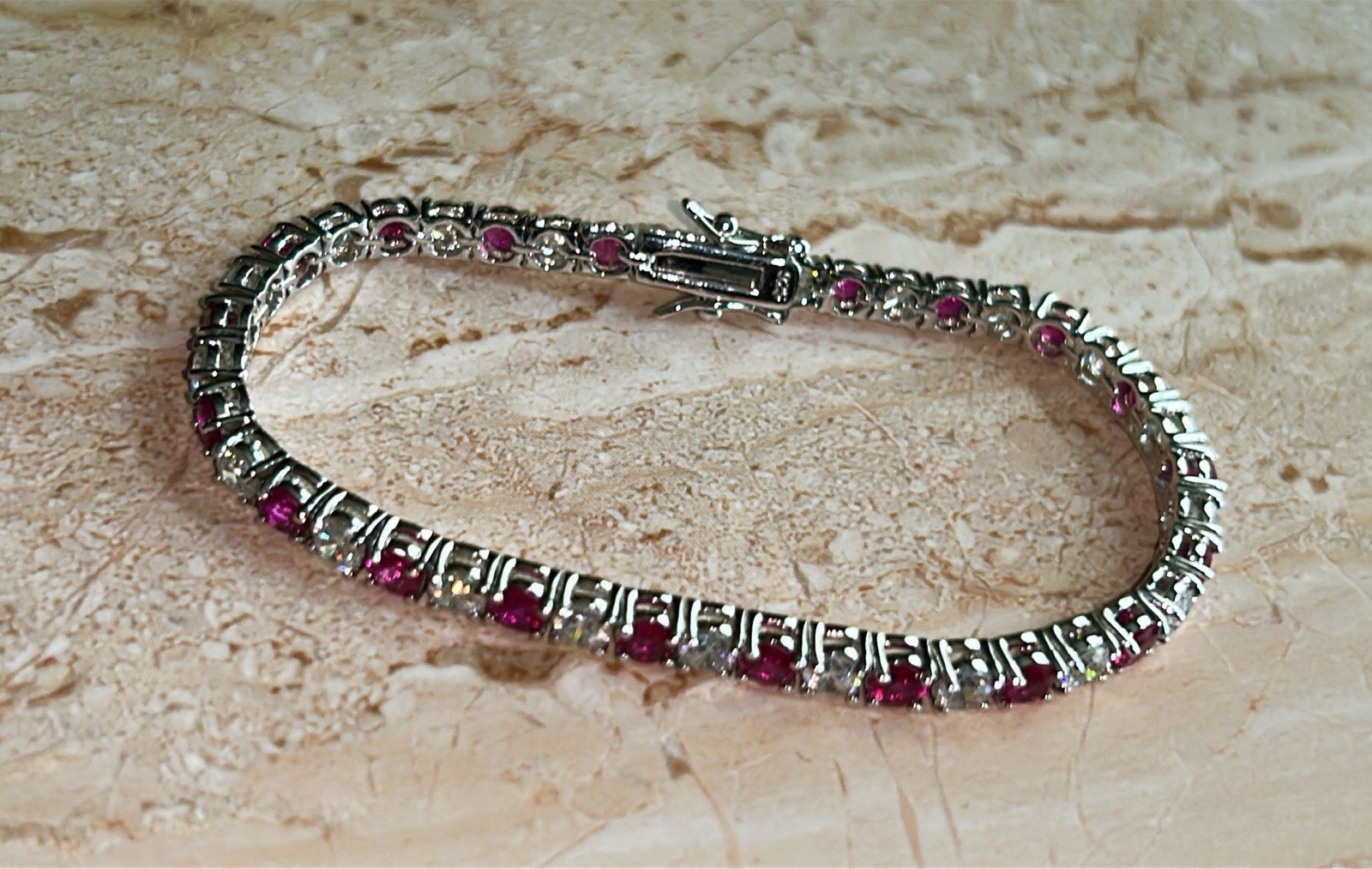 Vintage Sterling Silver 925 Tennis Bracelet Ruby Red Clear Stones 7″ Ships Free