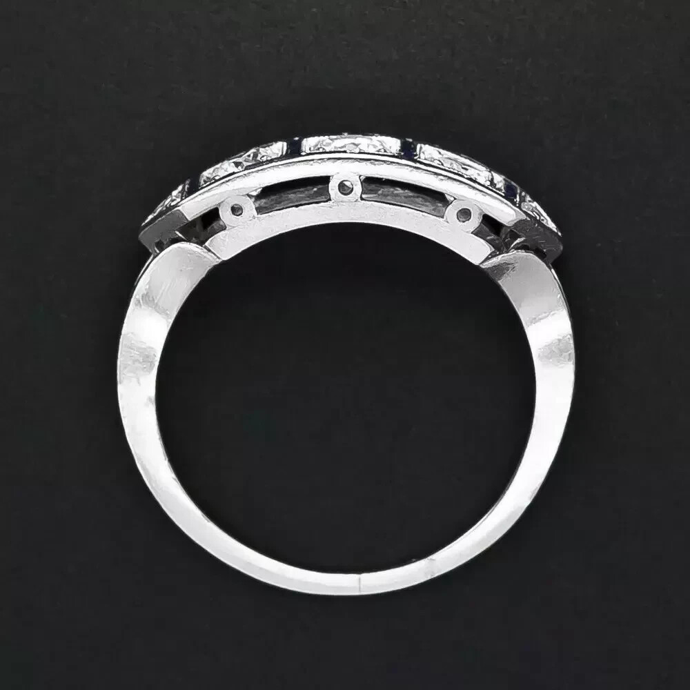 Art Deco Lab Created Diamond Sapphire Three-Stone 14K White Gold FN Wedding Ring