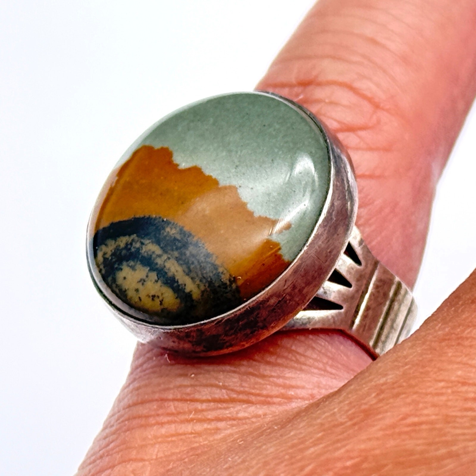 Vintage Modernist Picture Jasper Sterling Silver Ring Size 7.25