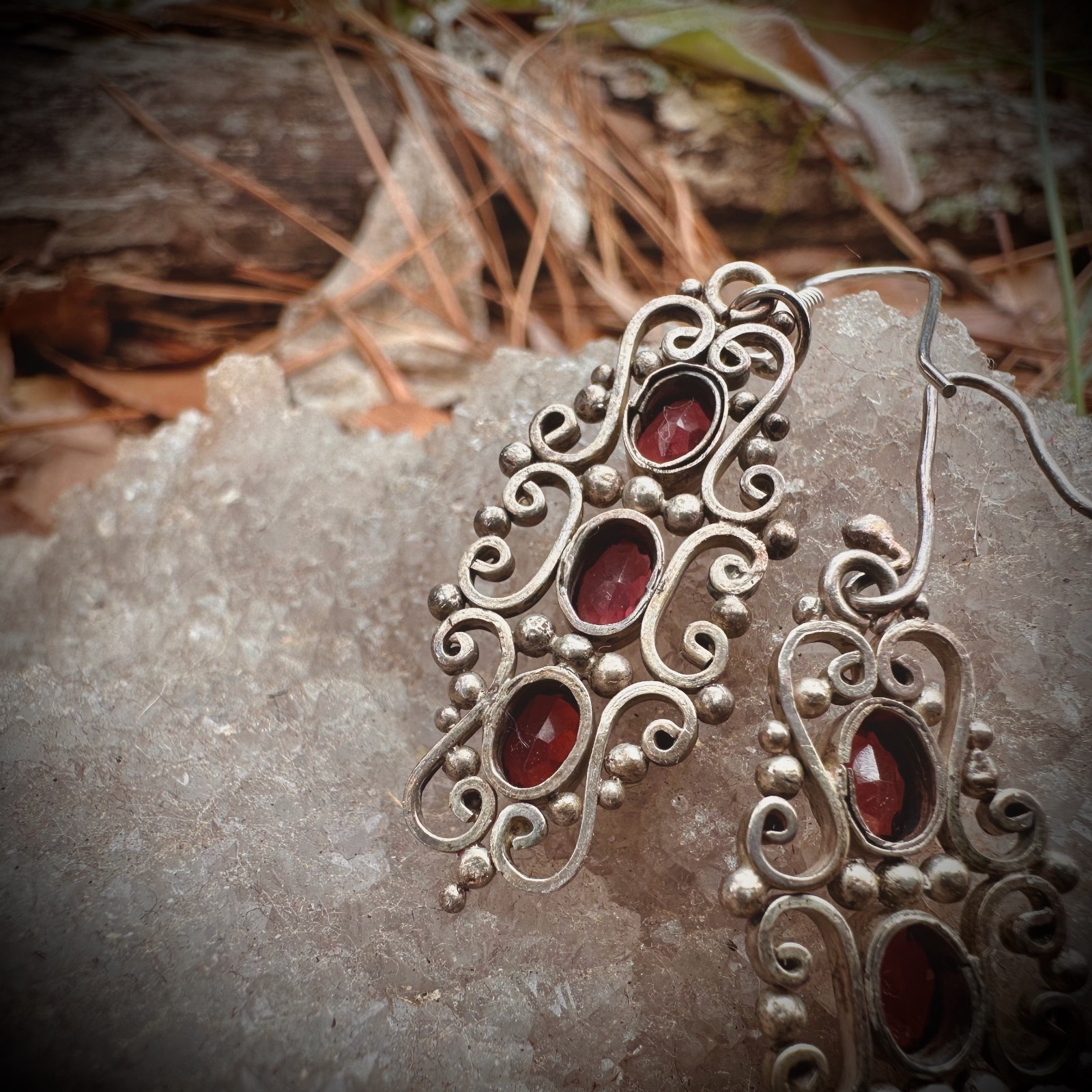 Vintage Sterling Silver 925 Dangle & Filagree Earrings With Red Colored Stone
