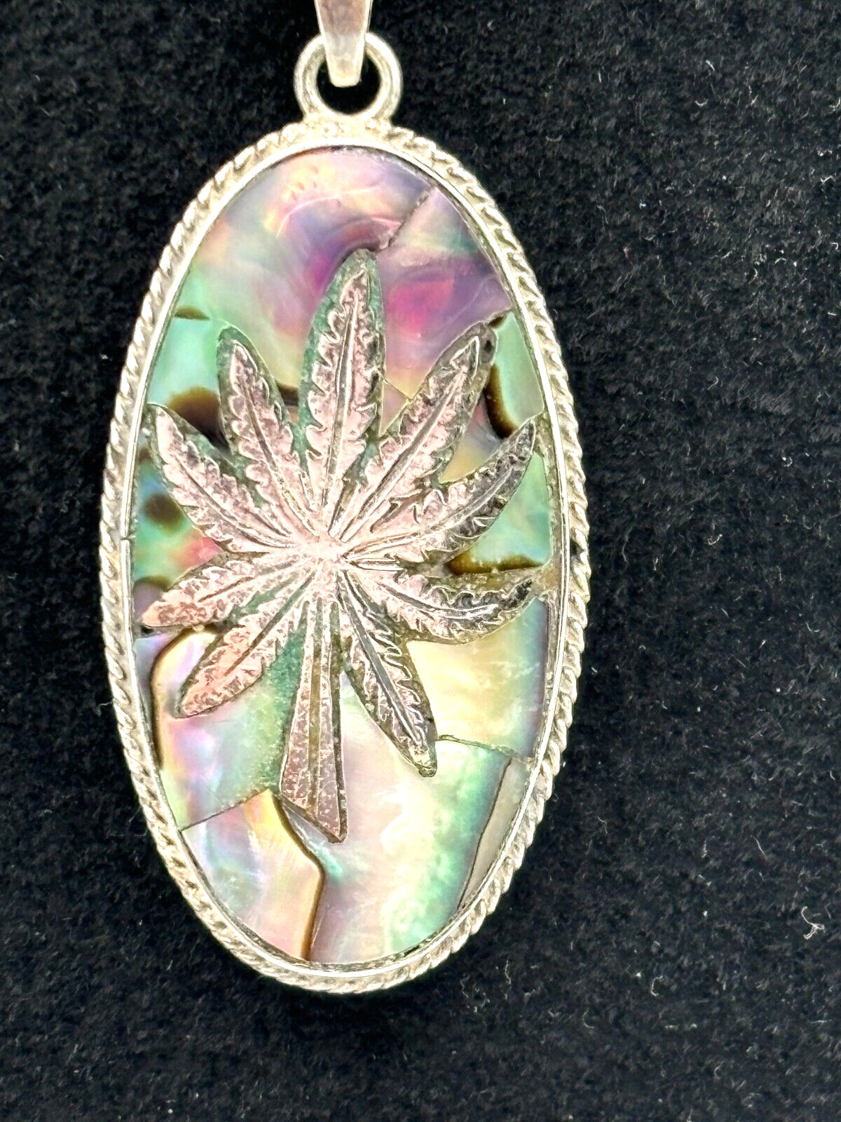 MidCentury Mexico Taxco Sterling Silver 925 Hemp & Abalone Pendant w/metal Chain