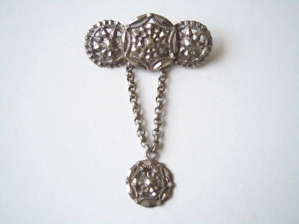 Vintage Silver Brooch Button Chain Pendant 7.2 G/4.3 X 6.5 Cm