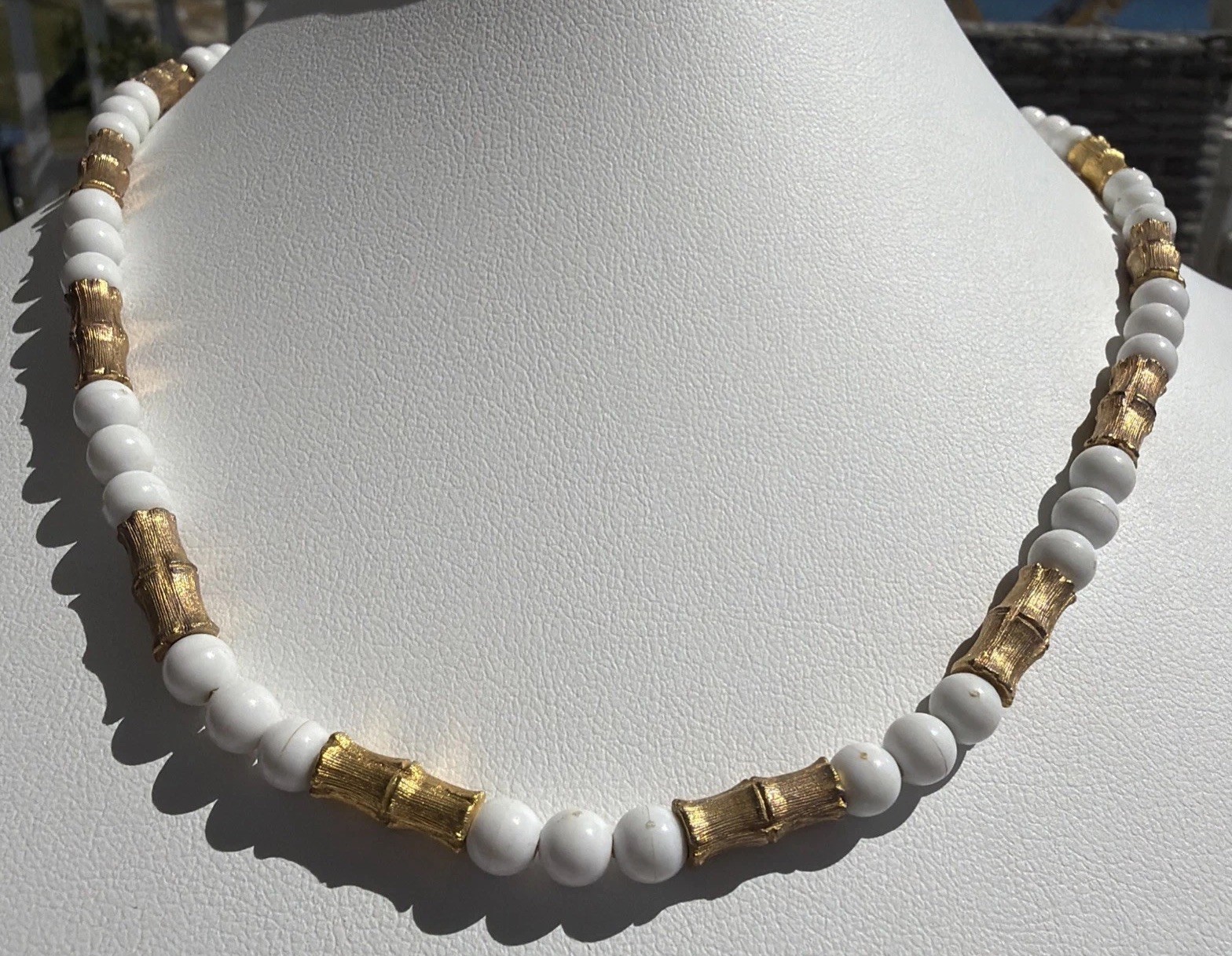 Vintage 18″ Hong Kong Goldtone Bamboo And Round White Bead Necklace Hook Clasp