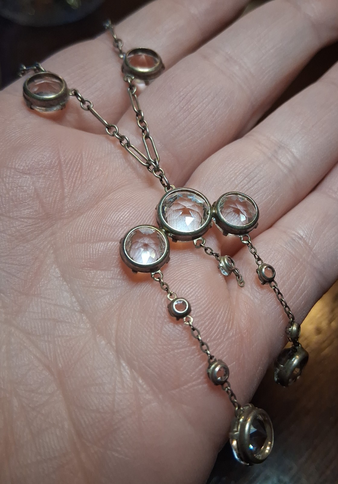 Antique Art Deco Sterling Rock Crystal(?) Necklace 19″ INCOMPLETE See Pics/Desc