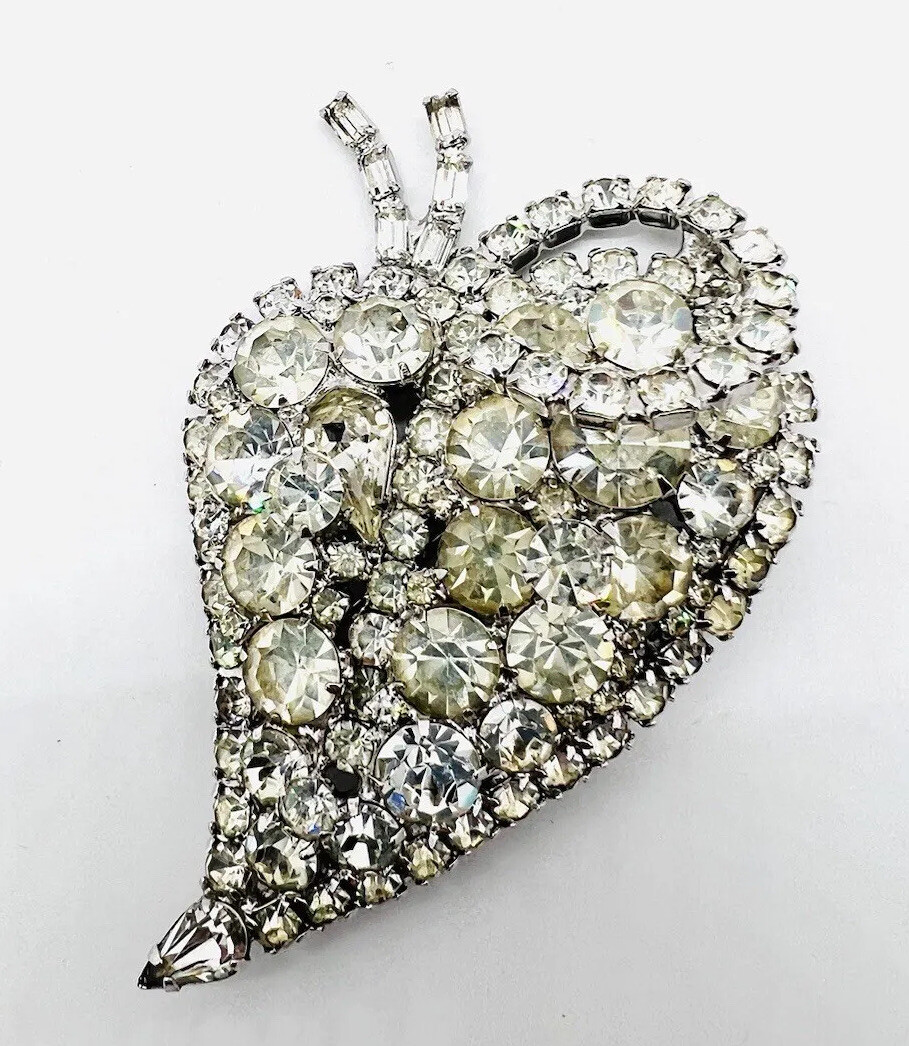 HUGE Sparkling Clear Rhinestone Stylized Fruit Brooch 3 1/4 Inch Vintage Jewelry