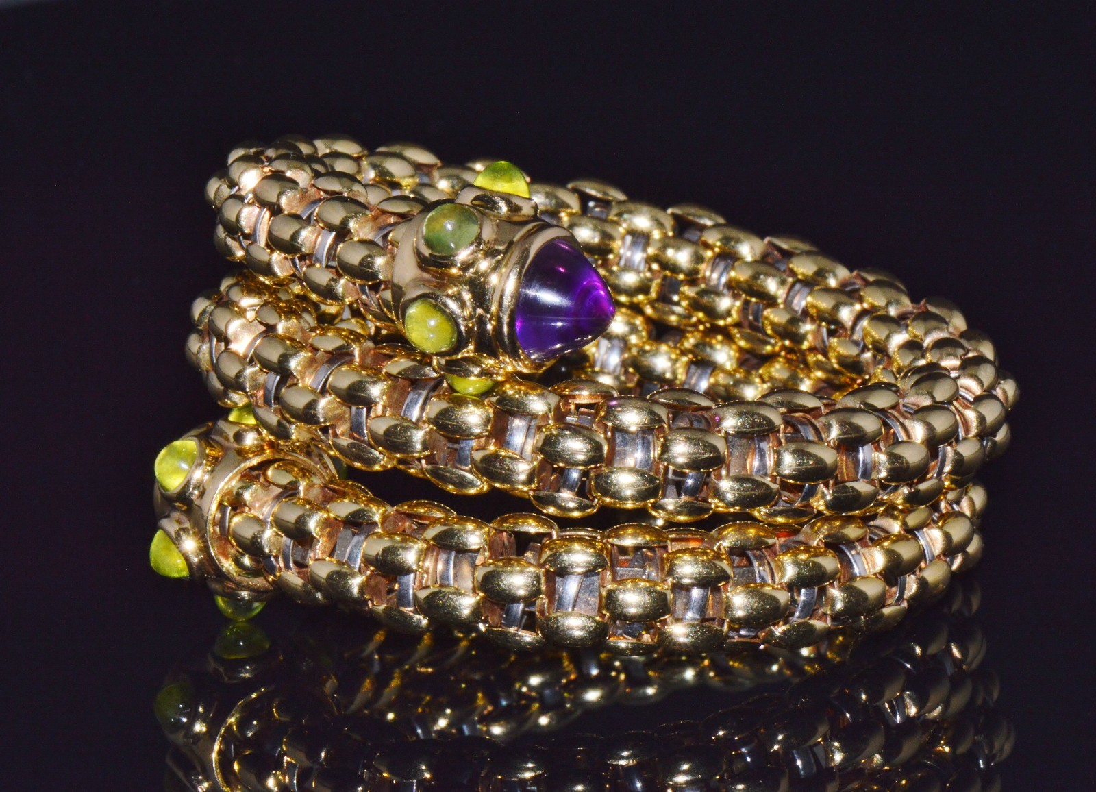 RARE VINTAGE FOPE AMETHYST 18K SOLID GOLD DOUBLE WRAP SNAKE FLEX’IT BRACELET