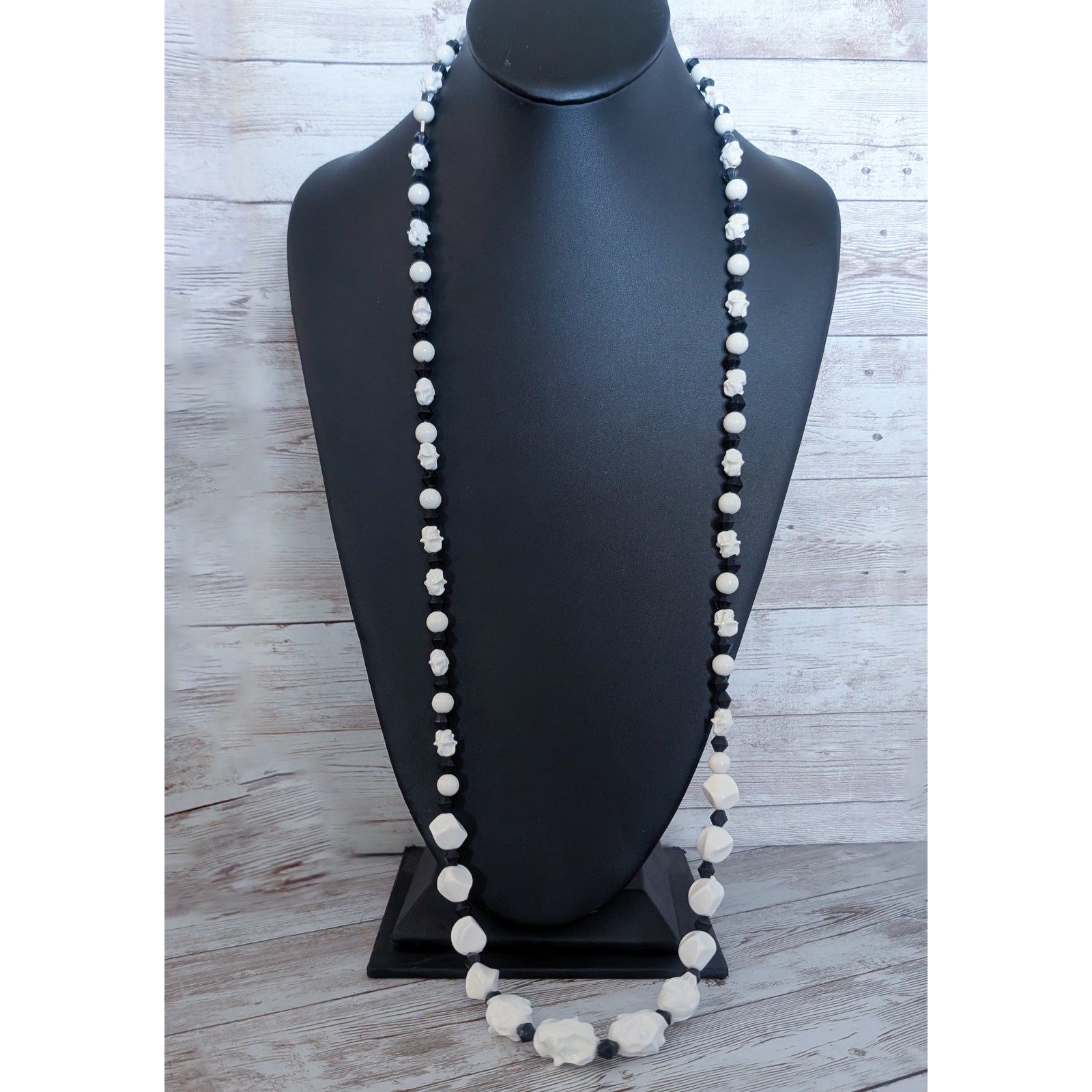 Vintage Necklace Statement Unusual Cream & Black Very Long Can Be Layered