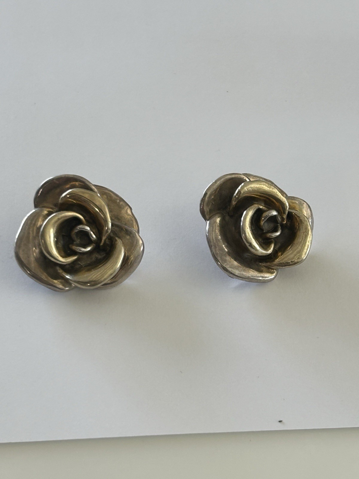 Vintage Rose Flower Sterling Silver 925 Clip On Earrings Unknown Mark 21 Gms