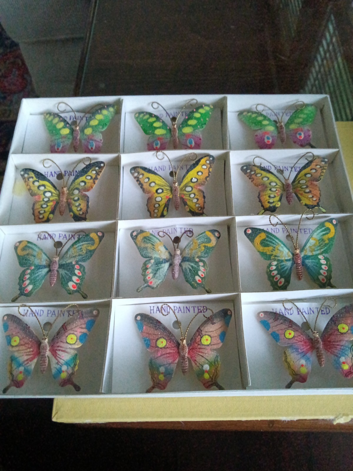 Vintage 1960’s New Old Stock Box Of 12 Metal Sugar Butterfly Pins Brooches MINT
