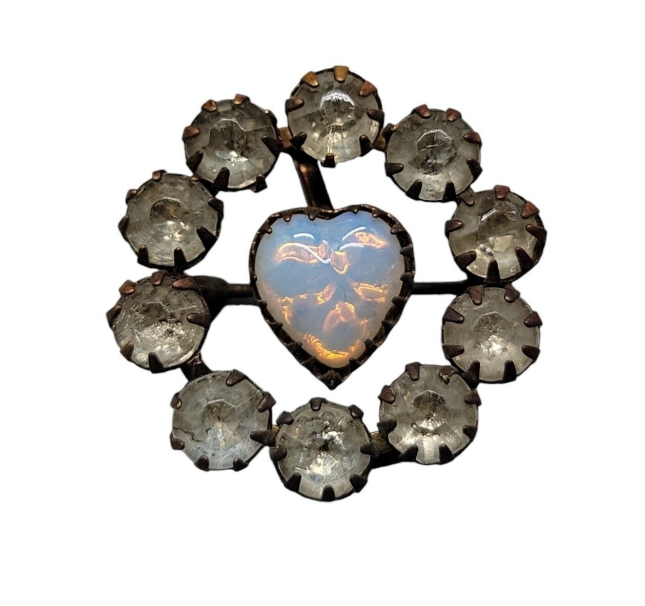 Antique Victorian Opaline Glass Heart Brooch Paste Rhinestone C Clasp Estate